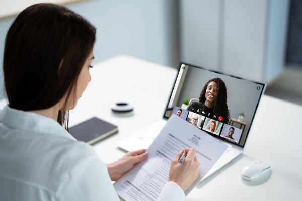Woman on a virtual job search panel